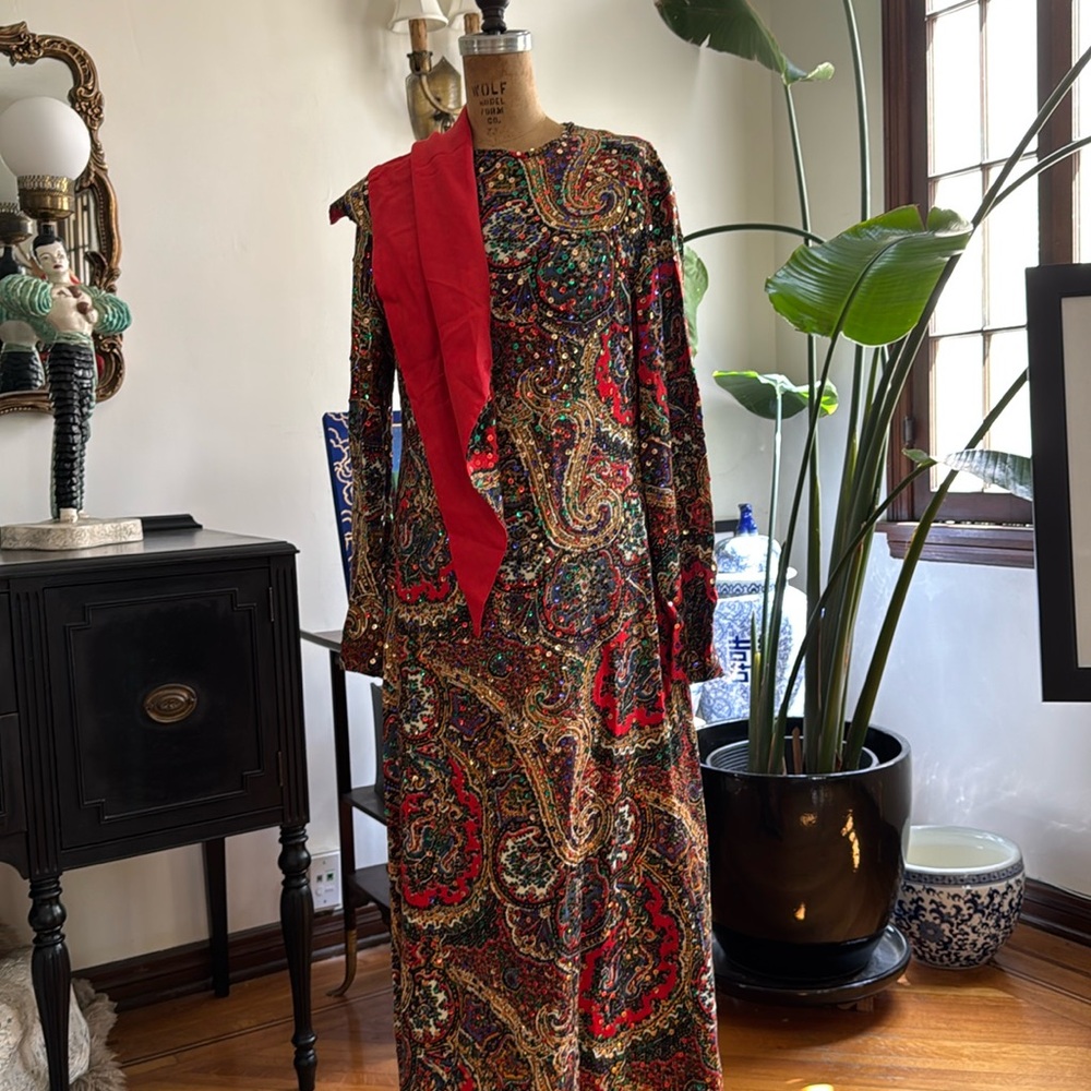 70’s Vintage Victor Costa Multicolor Paisley Long Sleeve Dress w/ Sequence